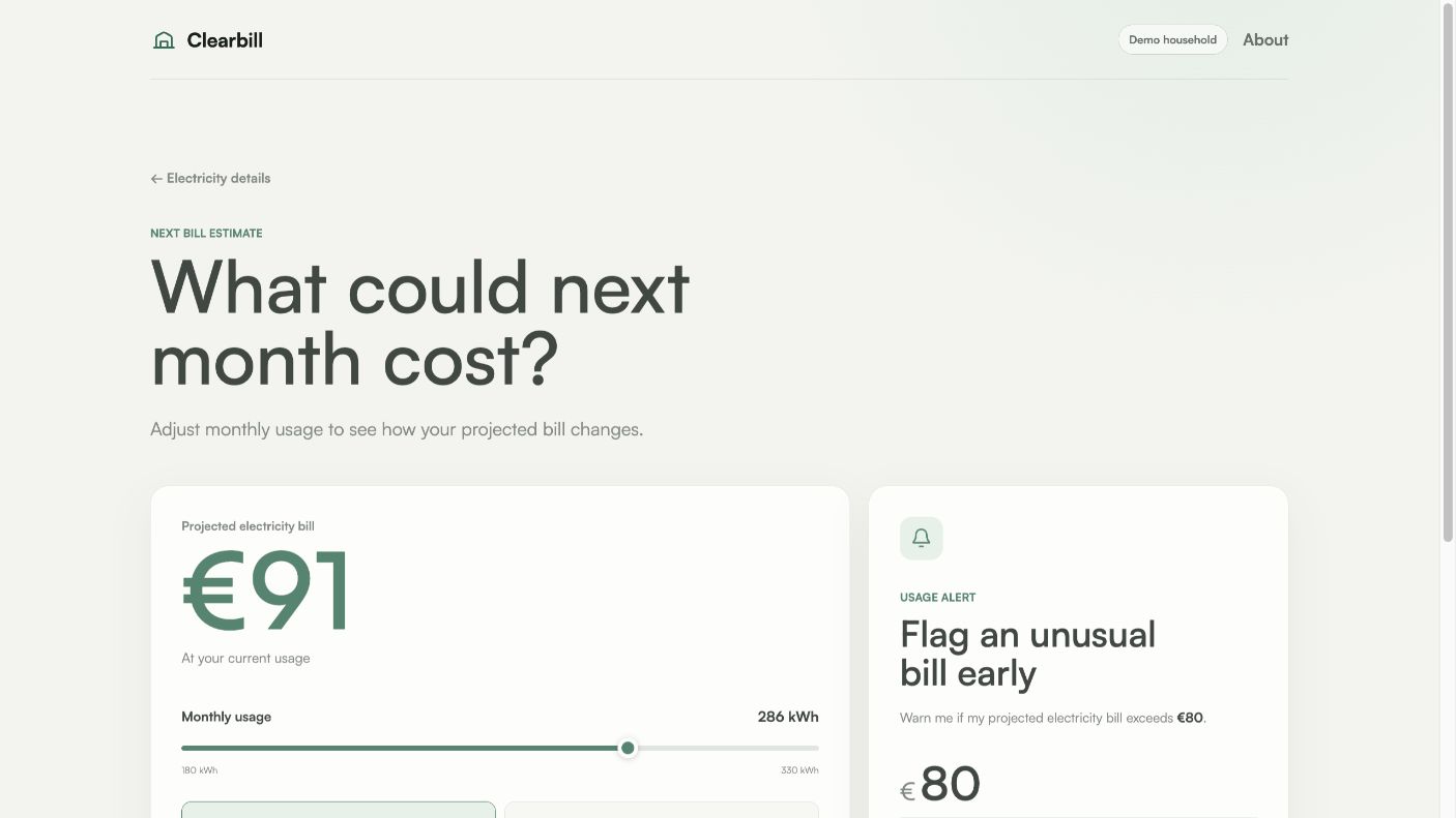 Clearbill forecast showing an estimated next bill, adjustable usage and a bill alert