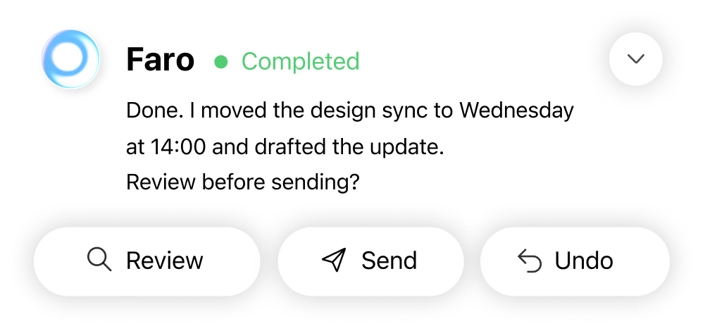 Faro completed card with review, send, and undo actions.