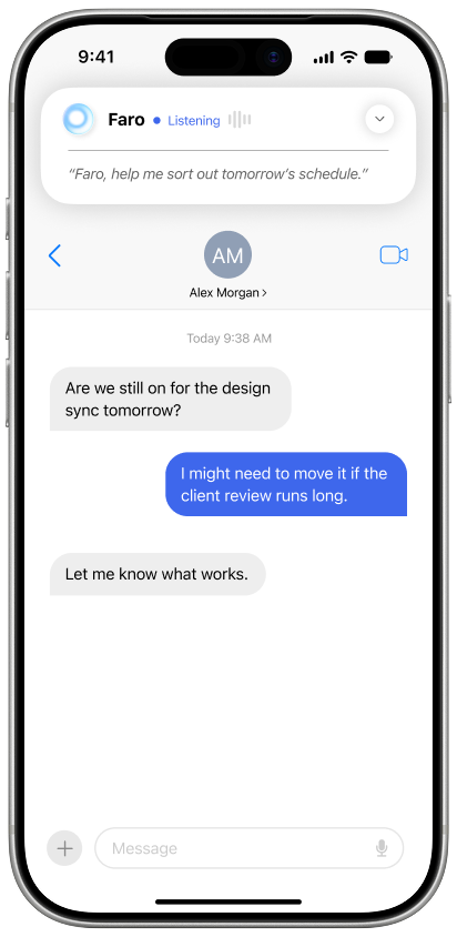 Phone message screen with Faro listening above a conversation.
