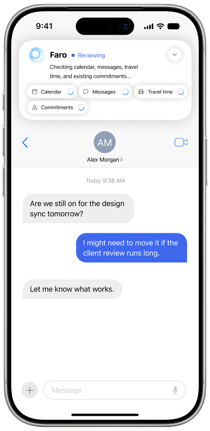 Phone message screen with Faro reviewing context above a conversation.