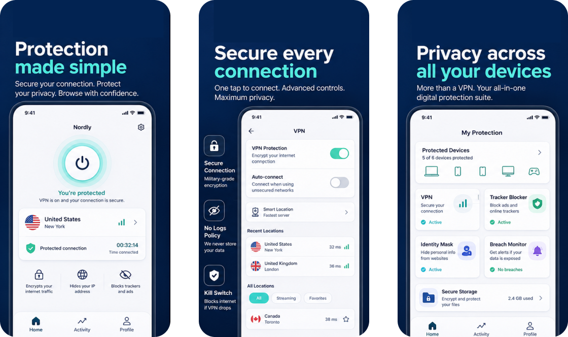Reconstructed Surfshark ASO Direction A showing three product-led app-store screenshots with blue backgrounds, clear feature headlines, and prominent app interface evidence.