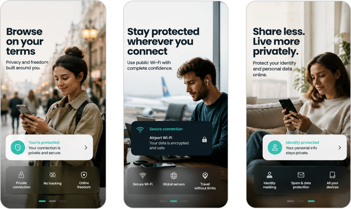 Reconstructed Surfshark ASO Direction B showing three benefit-led app-store screenshots with lifestyle imagery, privacy benefit headlines, and contextual product UI cards.